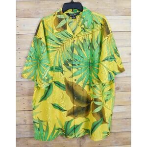 Men Hawaiian Mesh Shirt XL Yellow Green Brown Jungle Print Zam Collection